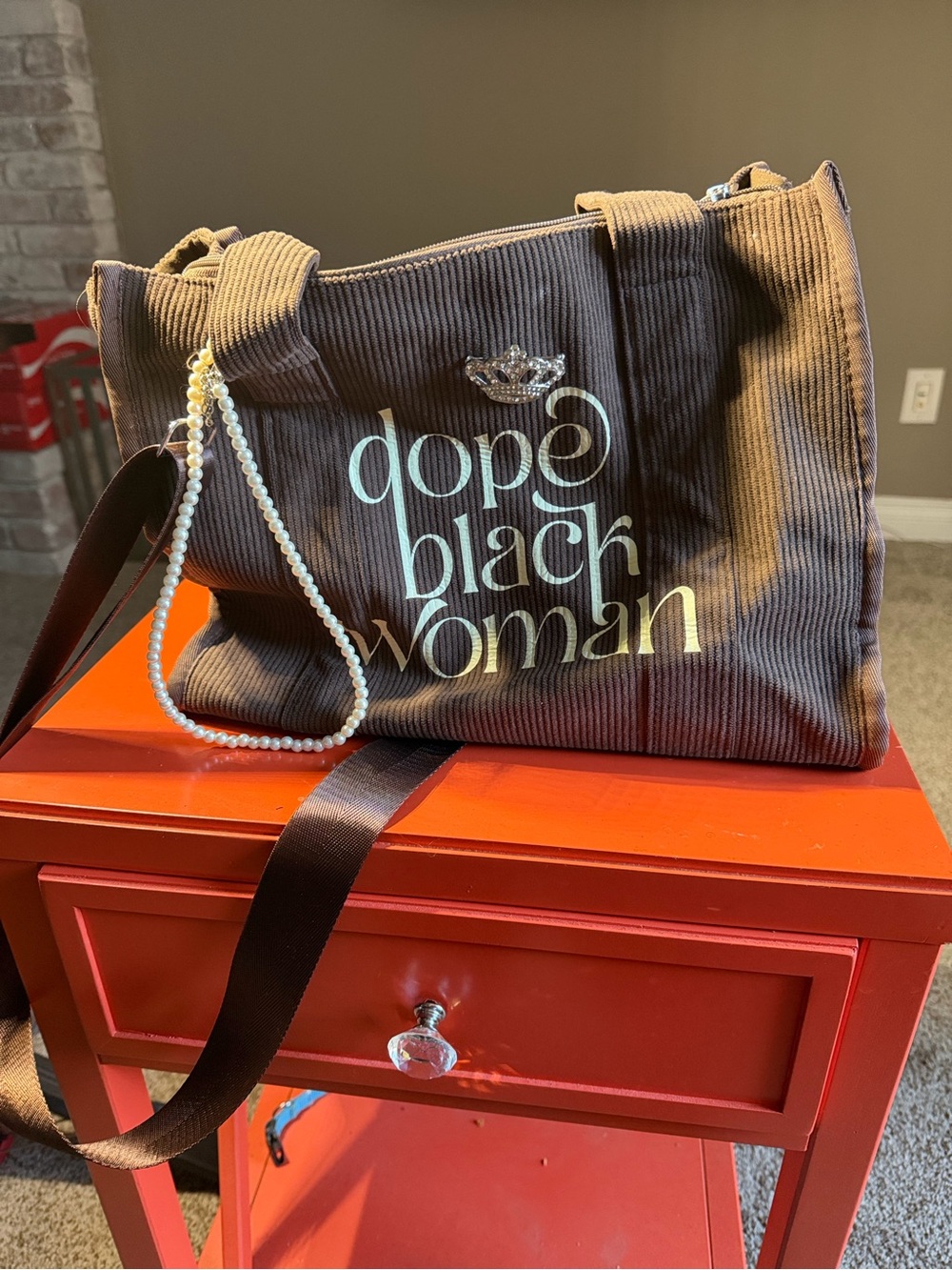 Target Brown Corduroy Tote Bag with Pearl Charm